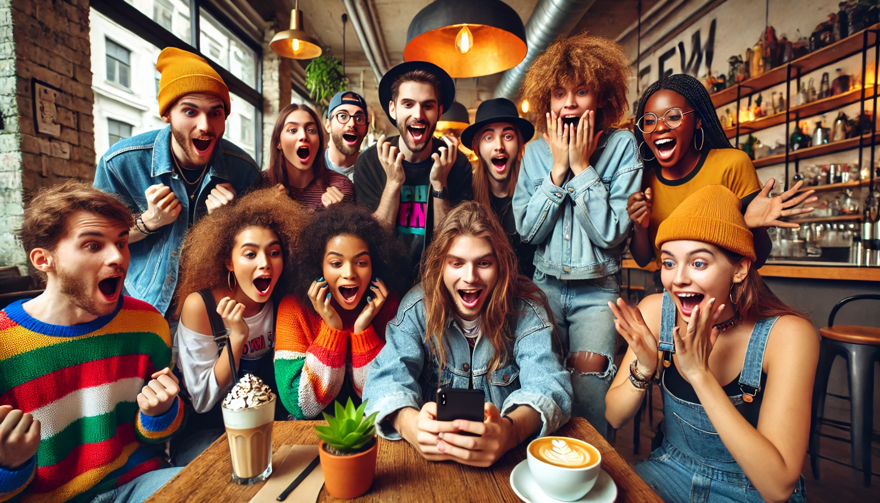 dall·e 2025-01-07 18.11.53 - a lively group of gen z friends gathered in a trendy urban café, reacting with excitement and surprise to joyful news on a phone screen. the group is .webp