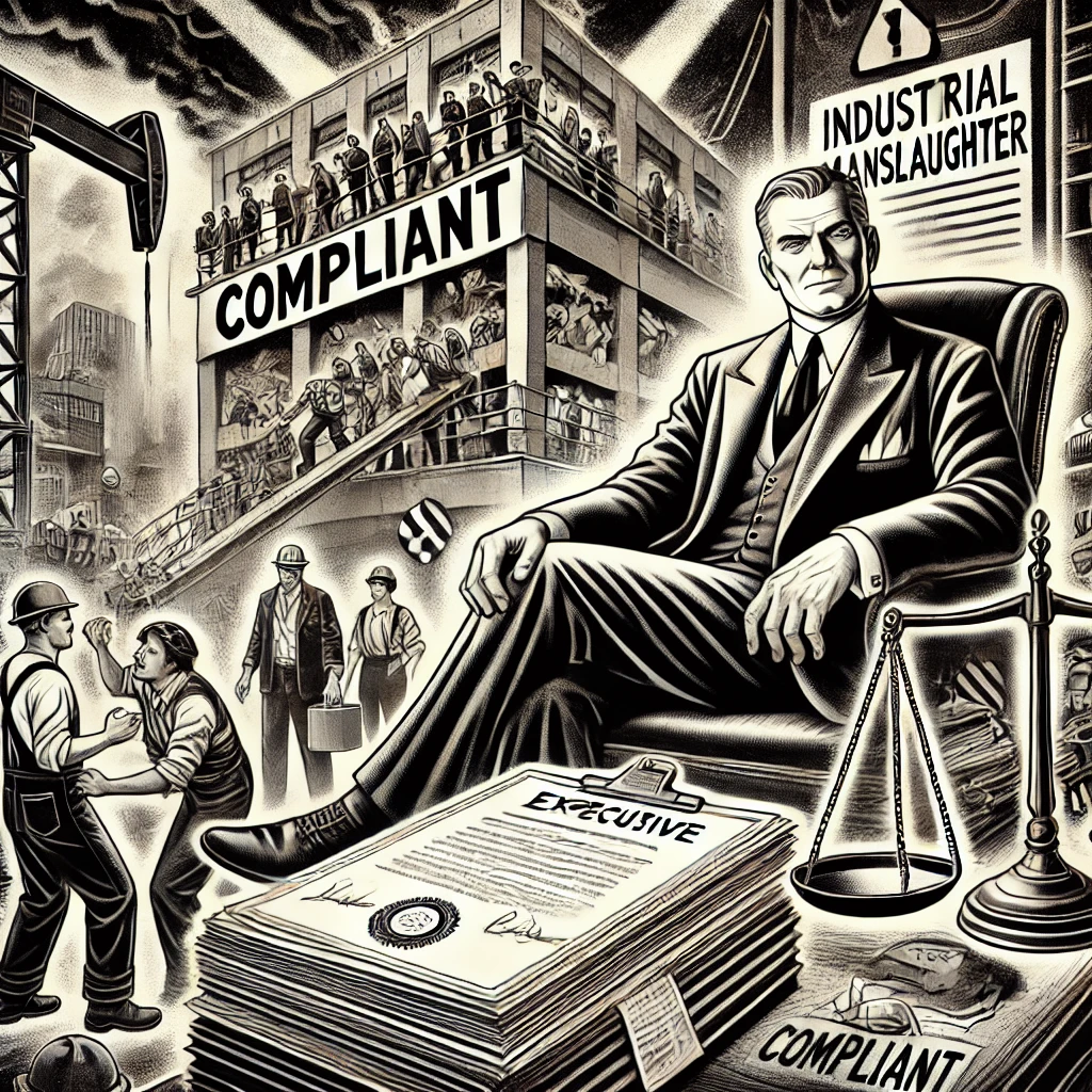 dall·e 2025-01-13 17.00.04 - a detailed black-and-white 1950s-style illustration in vintage noir style. an executive sits smugly behind a fortress of paperwork stamped 'compliant.webp