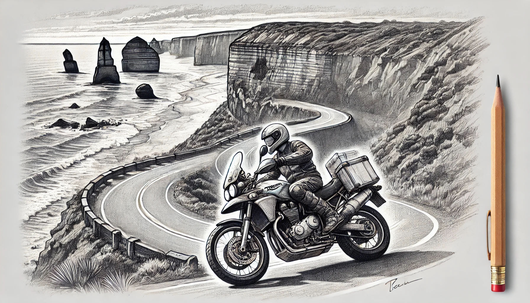 dall·e 2025-01-06 11.29.45 - a pencil sketch of a motorbike rider on a triumph tiger 1200 riding along australia's great ocean road. the illustration features winding hairpin turn.webp