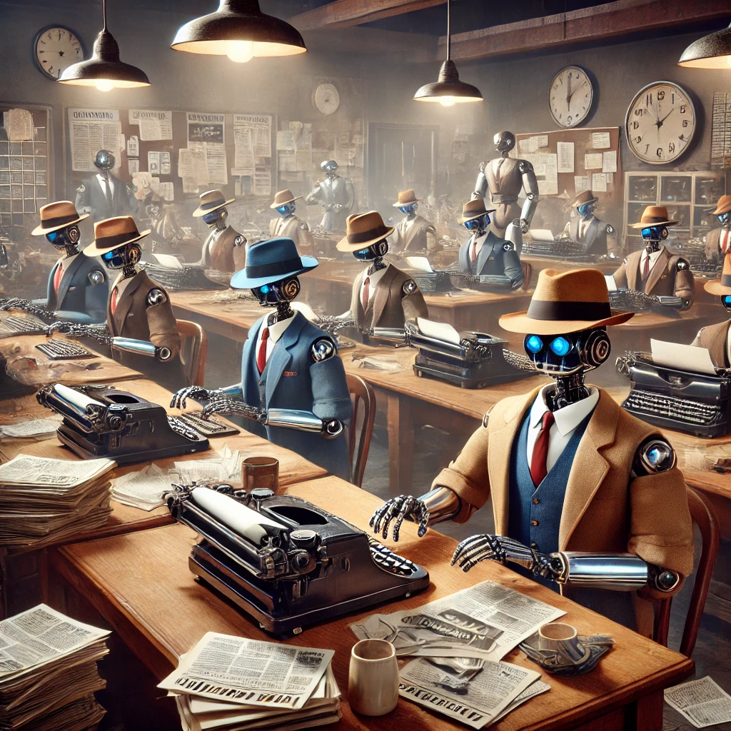 dall·e 2024-12-23 15.31.00 - a bustling 1950s-style newsroom filled with robot journalists wearing classic fedoras, each sitting at a desk with vintage typewriters. the scene is l.webp
