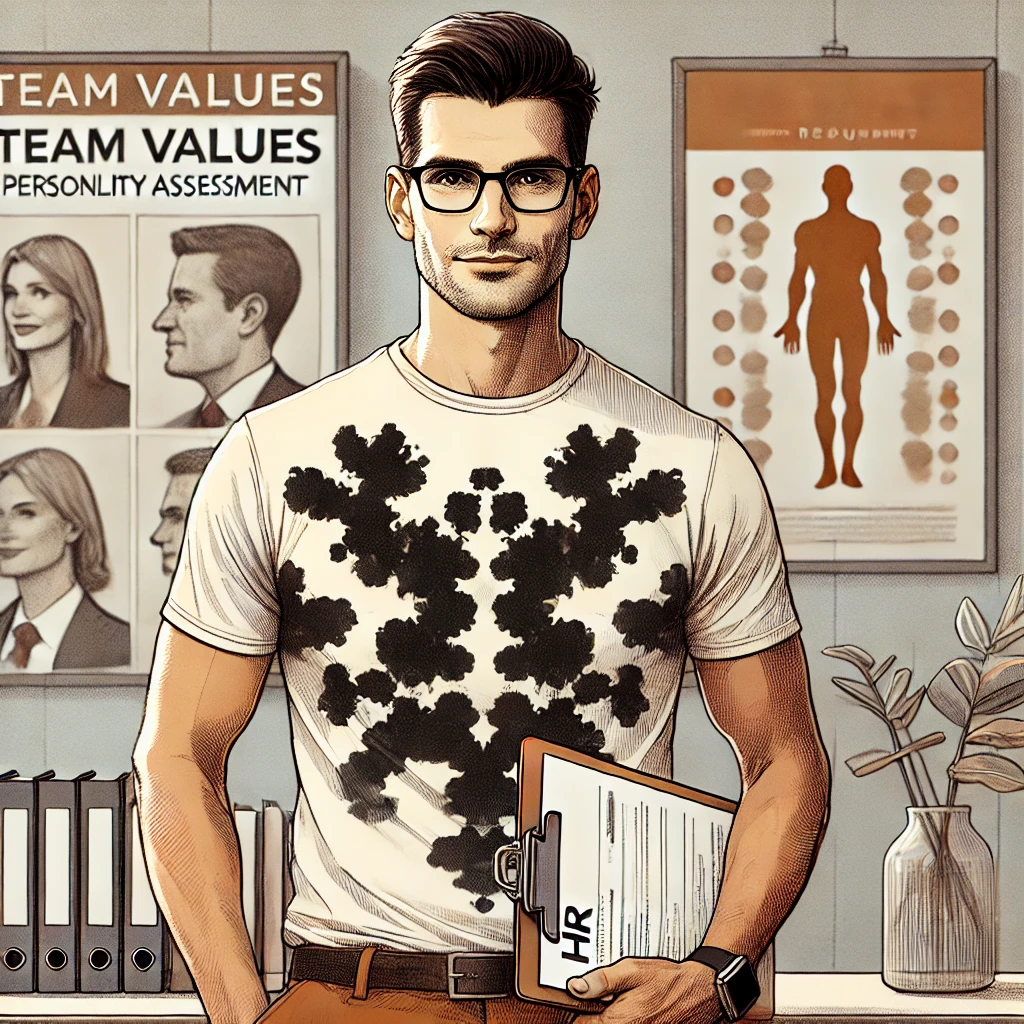 dall·e 2025-02-16 12.01.41 - a detailed digital illustration of an hr manager standing confidently, wearing a t-shirt with a classic rorschach inkblot design on it. the hr manager.webp