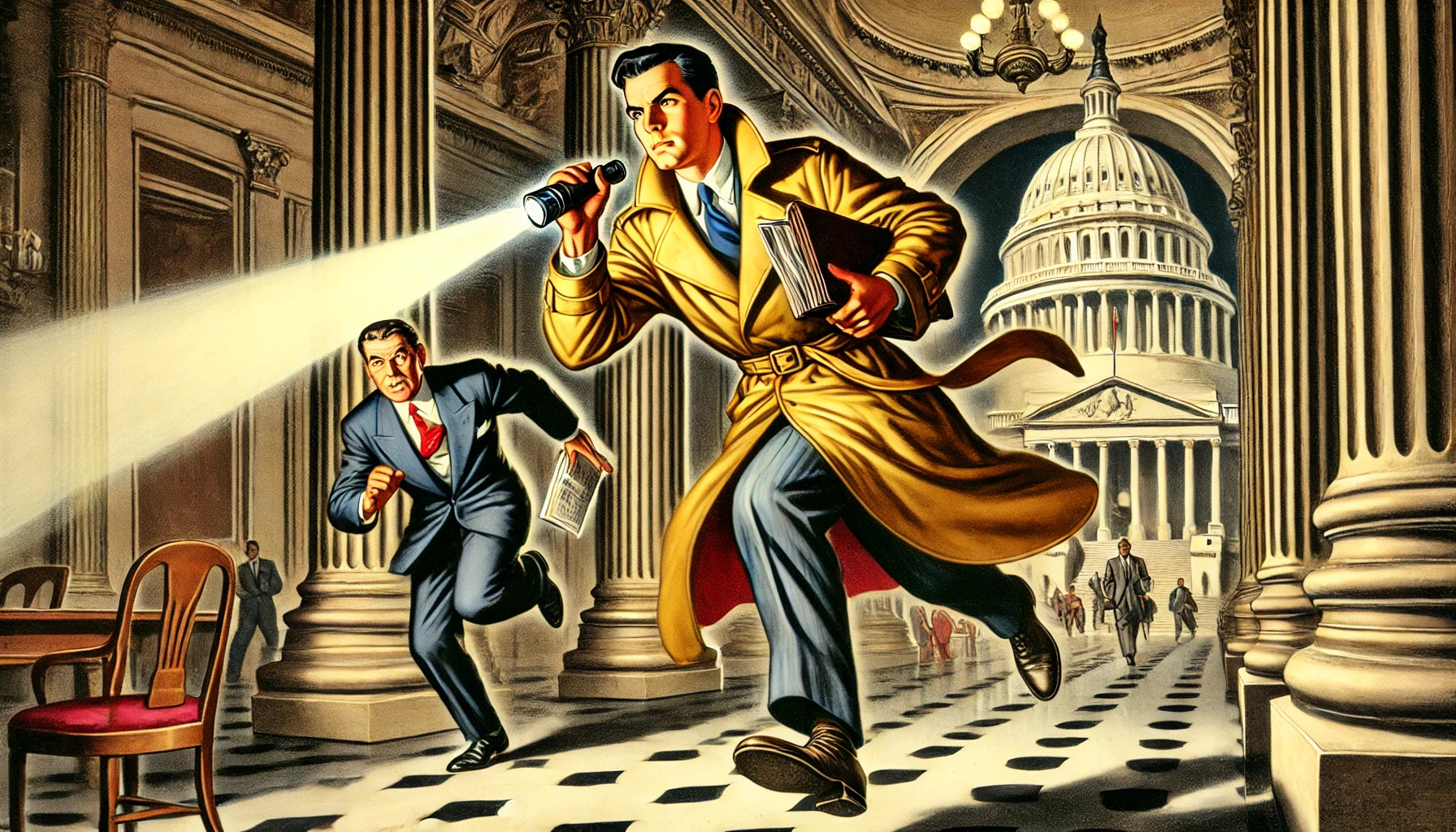 dall·e 2024-12-14 19.11.33 - a 1950s-style magazine illustration showing a determined reporter in a trench coat sprinting through the grand marble halls of capitol hill. the repor.webp
