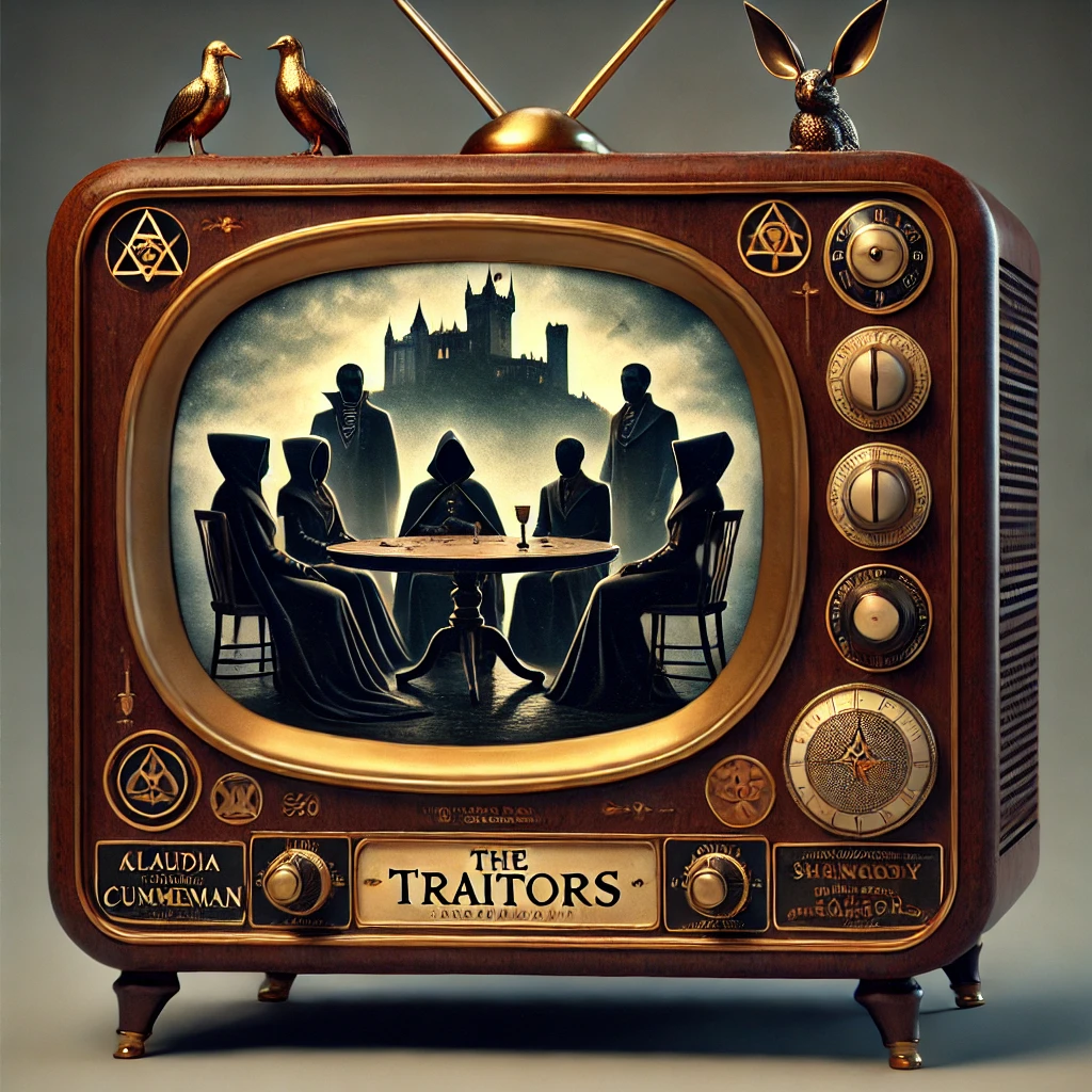 dall·e 2025-01-03 12.30.45 - a detailed artistic rendering of a vintage 1950s television set with a chunky wooden frame, knob dials, and bunny-ear antennas. the tv has a gold plaq.webp