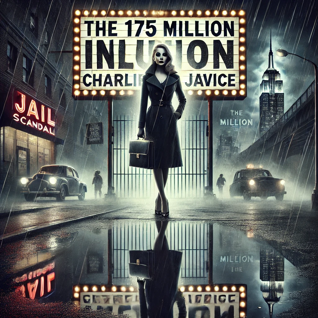 dall·e 2024-12-31 13.48.02 - a dramatic and gritty crime noir book cover for a story about a tech scandal, featuring a stylish, mysterious woman resembling charlie javice, standin.webp