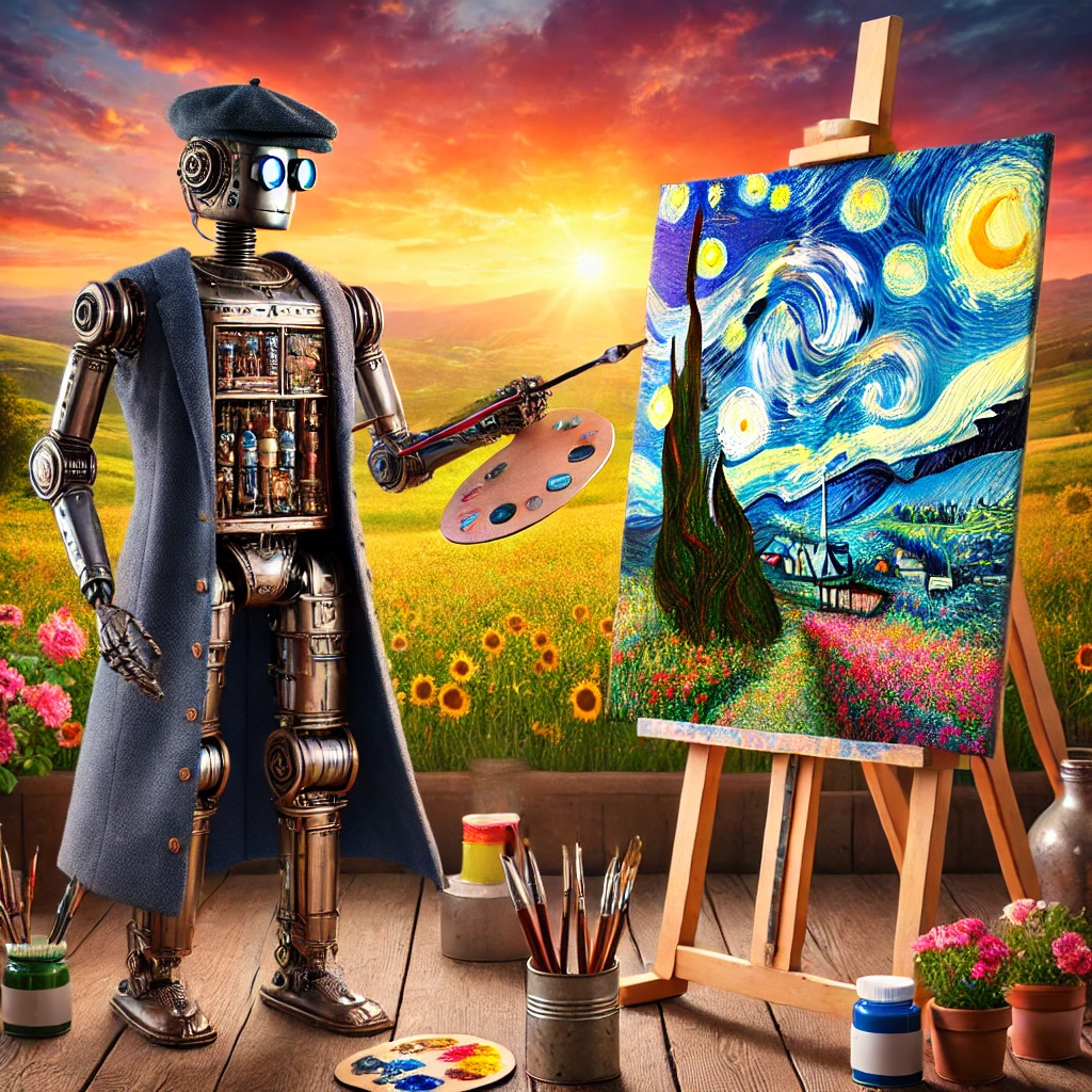 dall·e 2024-12-05 07.56.41 - a robot dressed in 1880s post-impressionist attire, such as a beret and loose-fitting painter's coat, standing at an easel painting a vivid landscape .webp