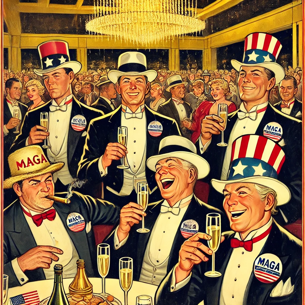 dall·e 2024-12-30 10.18.50 - a 1950s-style news magazine cover illustration showing a group of wealthy billionaires dressed in sharp suits and tuxedos, sipping champagne and smoki.webp