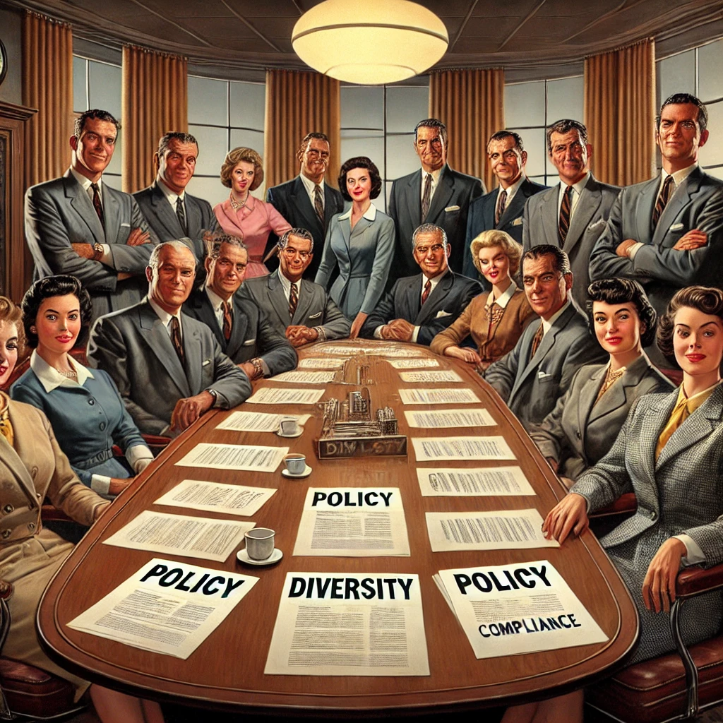 dall·e 2025-01-09 11.58.39 - a 1950s-style illustration of a business leadership team seated around a large boardroom table, including both men and a few women in vintage corporat.webp