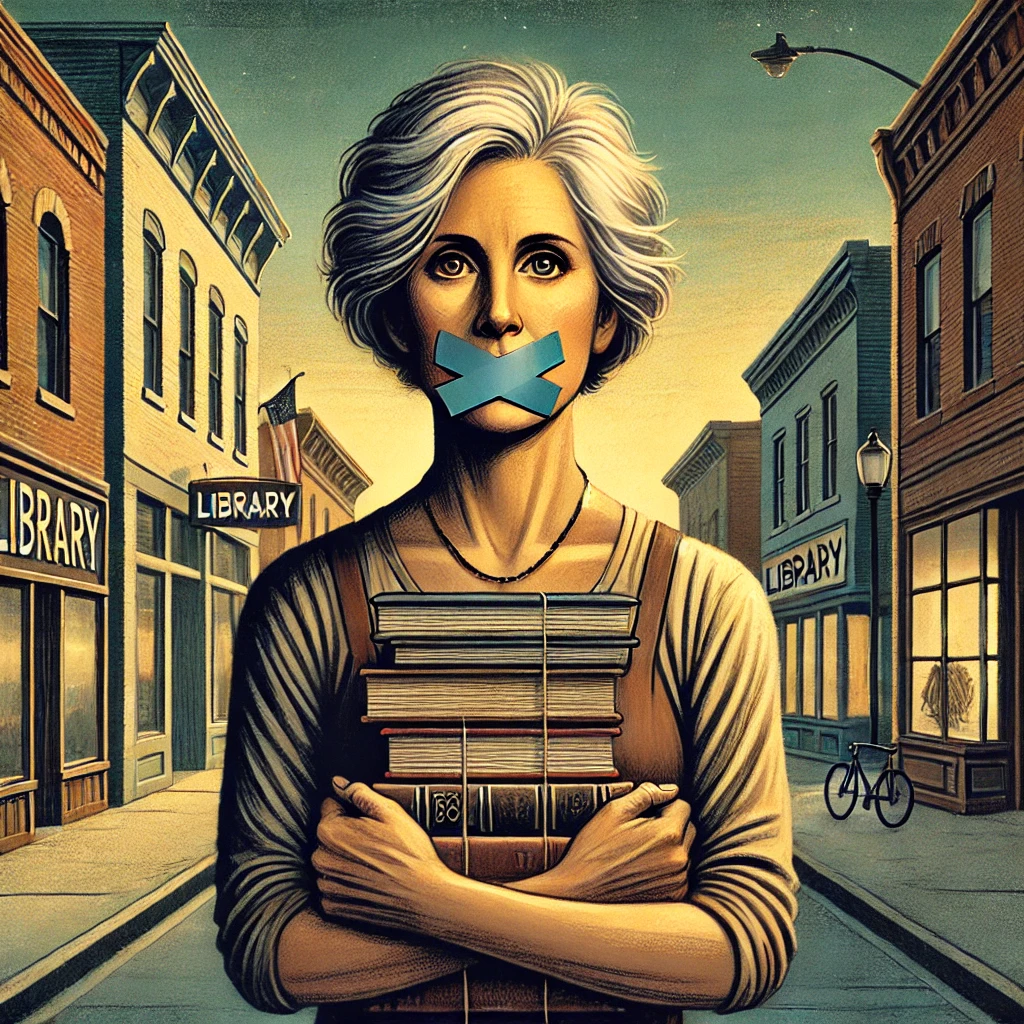 dall·e 2024-12-03 07.41.24 - an evocative illustration of a middle-aged white woman in a small-town american setting, standing on a quiet main street with vintage storefronts and .webp