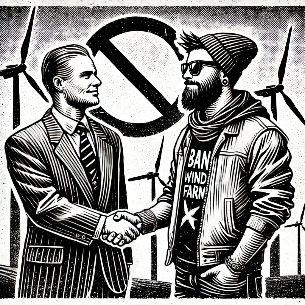 dall·e 2025-01-08 12.46.17 - a grainy black and white drawing styled as a vintage propaganda poster. it features a man in a suit, symbolizing corporate interests, shaking hands wi.webp