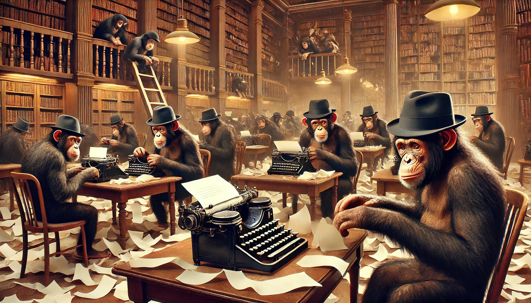dall·e 2025-01-14 09.22.55 - a surreal and humorous depiction of 1000 chimpanzees sitting at old-fashioned typewriters, each typing away in a large, library-like setting. all the .webp