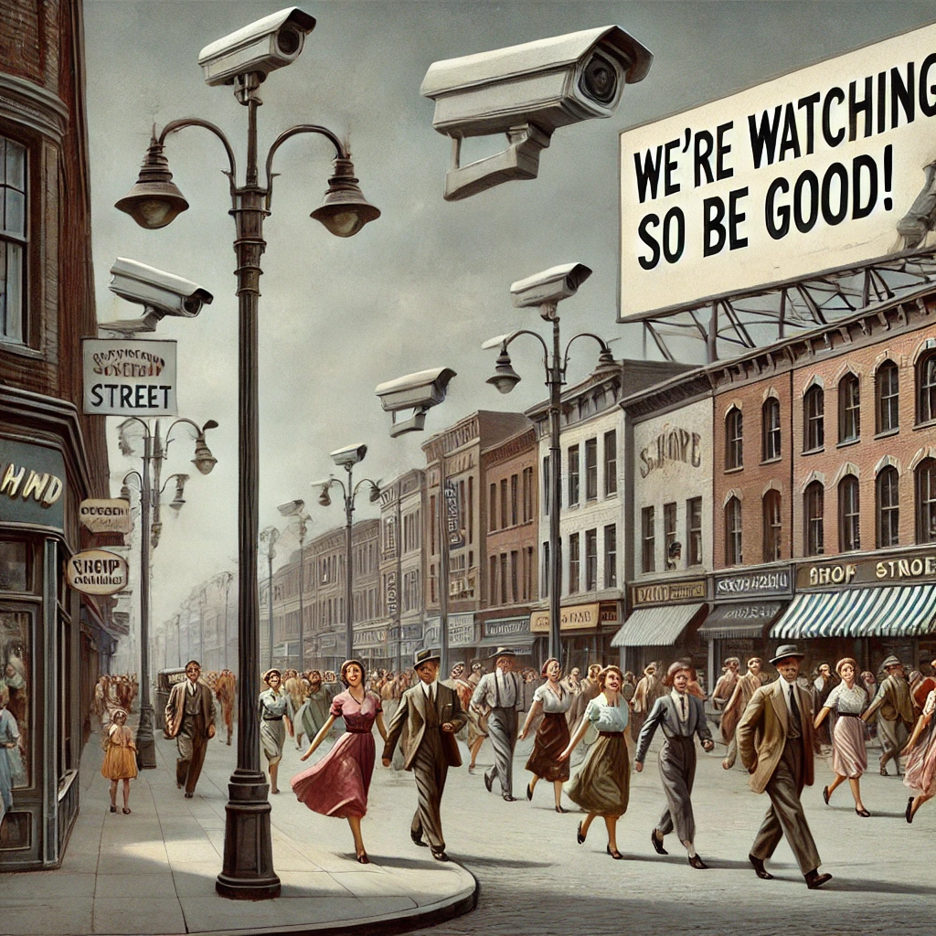 dall·e 2024-12-18 07.42.57 - a bustling 1950s-style main street with a dystopian twist. every lamppost and shop awning is equipped with modern cctv cameras, subtly integrated into.webp