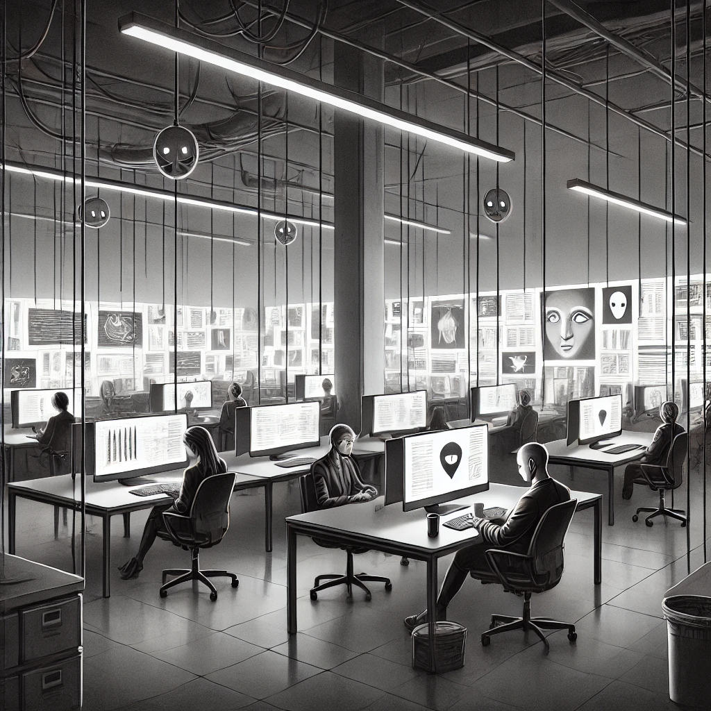 dall·e 2025-02-09 08.39.06 - a black-and-white illustration depicting an understated dystopian future shaped by ai-driven gradual disempowerment. the scene shows a pristine, overl.webp