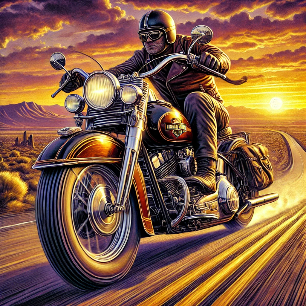 dall·e 2025-02-15 19.39.59 - a classic harley-davidson motorcycle roaring down an open highway under a golden sunset. the rider, clad in leather with a vintage helmet and goggles,.webp