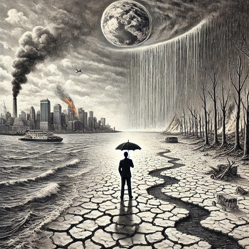 dall·e 2024-12-29 15.24.13 - a pencil drawing illustrating the impact of extreme weather events, featuring a solitary figure standing on a cracked, barren landscape holding an umb.webp