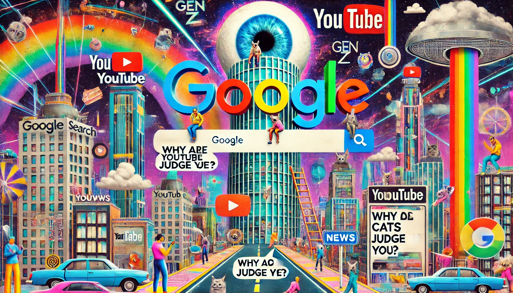 dall·e 2024-12-14 16.55.28 - a surreal collage-style digital art piece featuring a giant google search bar towering over a chaotic, vibrant cityscape. the cityscape includes roads.webp