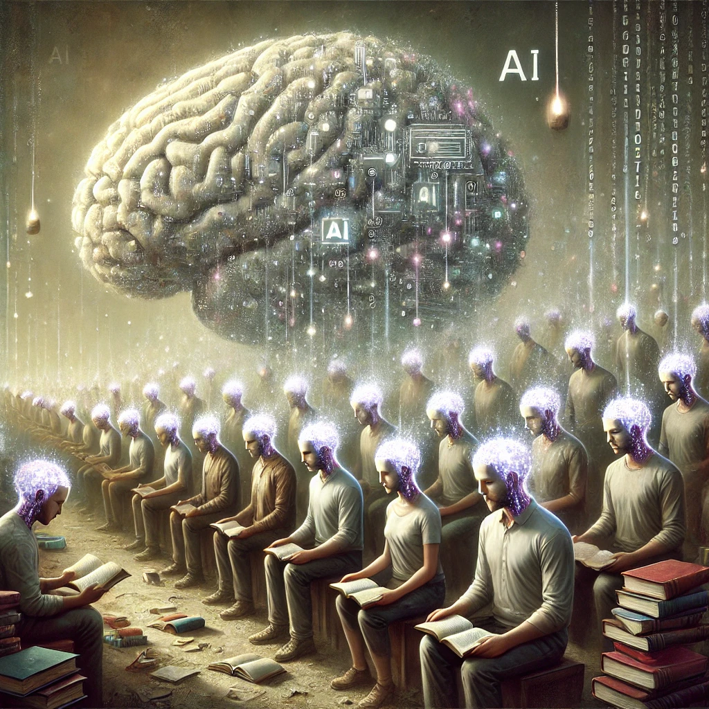 dall·e 2025-01-18 11.30.44 - a surreal and thought-provoking illustration showing people becoming less intelligent due to over-reliance on ai. the image features a group of indivi.webp