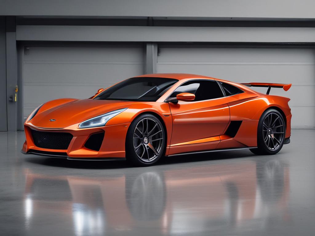 A sleek, high-end vehicle wrapped in a vibrant vinyl film, showcasing a glossy finish. The background features a clean, modern garage with bright lighting, emphasizing the luxurious look of the wrap. The vehicle should be the sole subject, reflecting high-resolution details and striking colors.