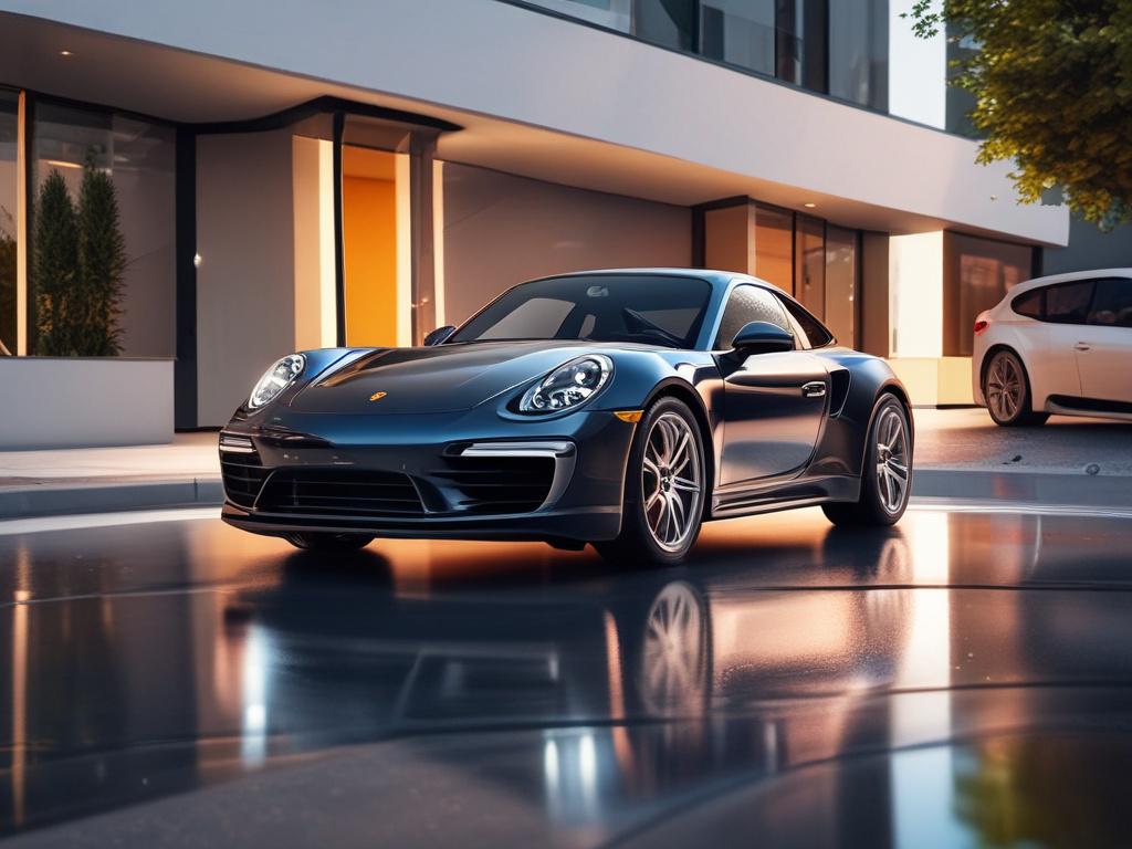a high-end Porsche with tinted windows, hyper-glossy finish, luminous highlights, simple background, focus on window tint detail