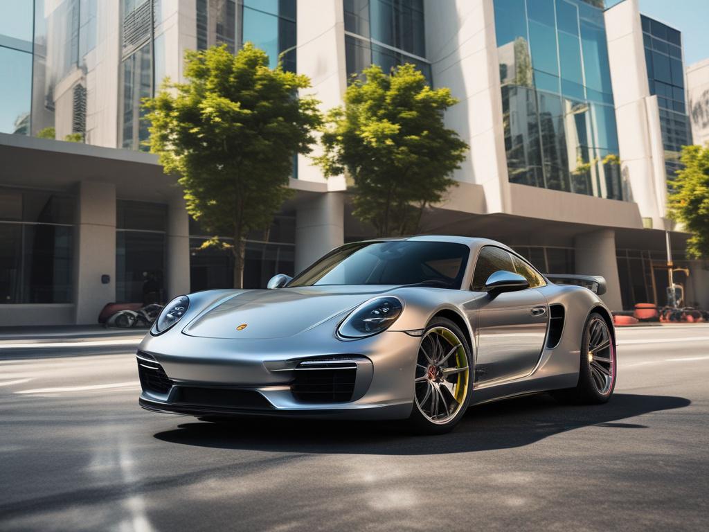 a high-end Porsche with a gleaming ceramic coating, ultra-shiny surface, mirror-like reflections, simple background, focus on vehicle protection