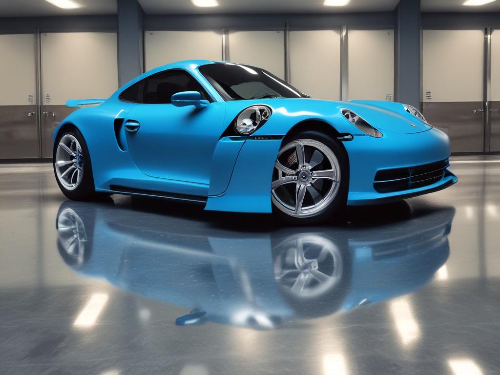 A high-end Porsche car fully wrapped in a glossy vinyl finish, showcasing a vibrant blue color. The background is a clean, simple garage setting with soft lighting that highlights the vehicle's curves and reflections.
