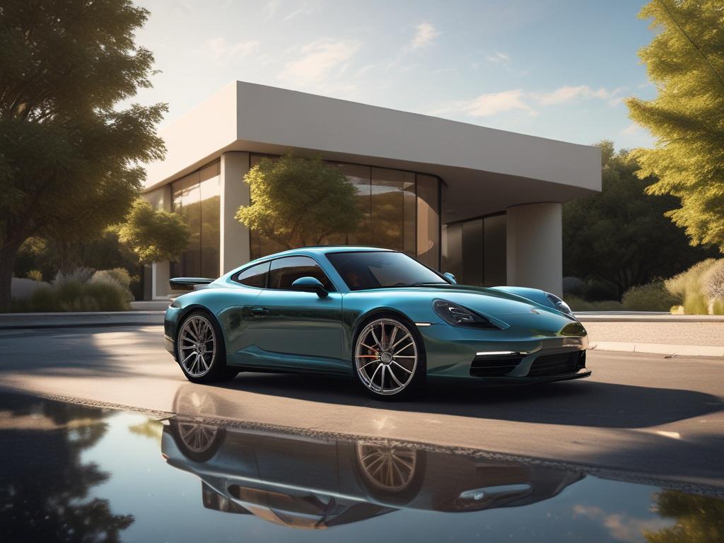 A stunning Porsche with a glossy ceramic coating, parked in a sunlit outdoor setting. The vehicle shines with a mirror-like finish, reflecting the surrounding environment, showcasing deep, rich colors.