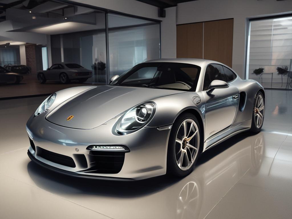 A high-end Porsche car with a clear paint protection film applied, displayed in a well-lit showroom environment. The film is nearly invisible, highlighting the vehicle's original paint and sleek design.