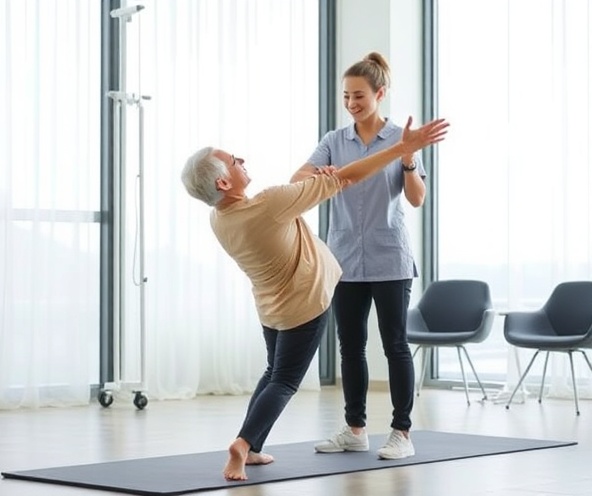 Patient performing rehabilitation exercises with physiotherapist guidance