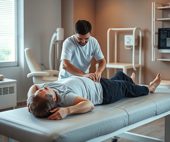 Physiotherapist assisting a patient with rehabilitation therapy