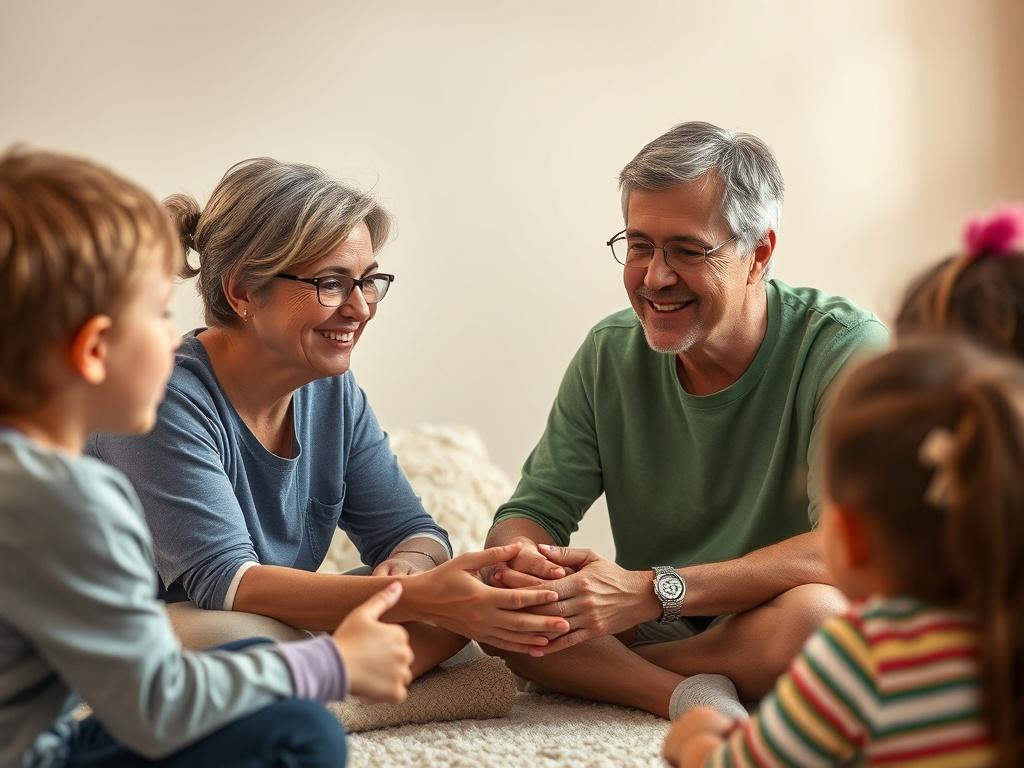 A realistic high-resolution photo of a compassionate coach working with children in a nurturing environment. The scene should depict a calm and supportive atmosphere, with soft lighting and gentle colors. The focus should be on the interaction between the coach and the children, showcasing empathy and guidance. The background should be simple and peaceful, emphasizing the connection and engagement between the subjects.