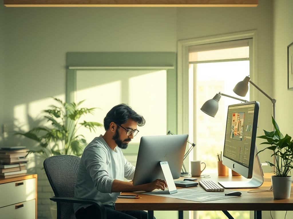 A realistic high-resolution photo of a creative workspace featuring a single designer working intently on a project. The background is softly lit, with gentle tones of green and natural light filtering through a window. The workspace includes design tools, a computer with design software open, and sketches or notes scattered around. The atmosphere should convey focus, creativity, and inspiration.