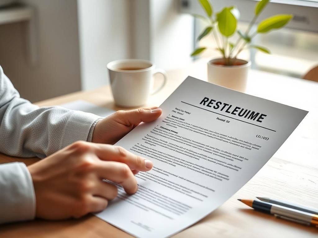 A close-up of a resume and cover letter being reviewed by a professional. The setting is a bright, inviting workspace with a coffee cup and a plant in the background, creating an atmosphere of focus and professionalism.