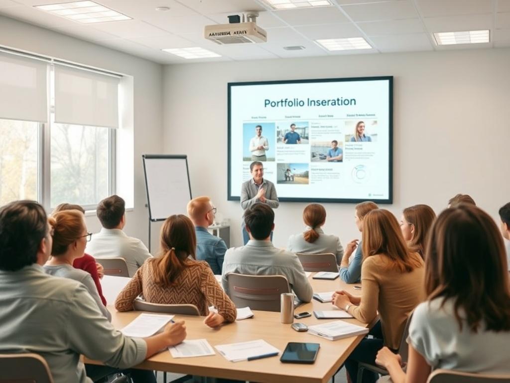 A classroom setting where a group of individuals is learning about portfolio creation. The instructor is at the front, showcasing examples on a screen. The atmosphere is focused yet collaborative, with participants taking notes and discussing ideas.