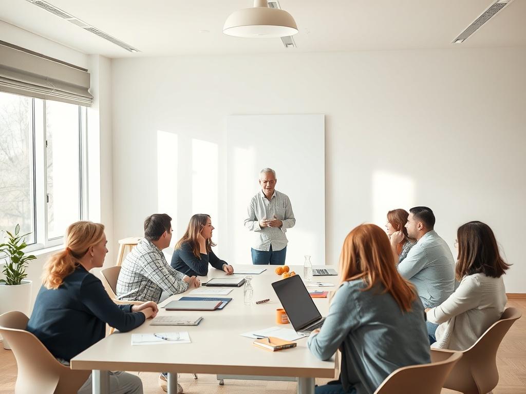 A professional workshop setting with a group of engaged participants around a table, focused on developing skills. The atmosphere is bright and welcoming, with soft lighting and neutral colors. A coach is seen guiding the session, with materials and laptops on the table.