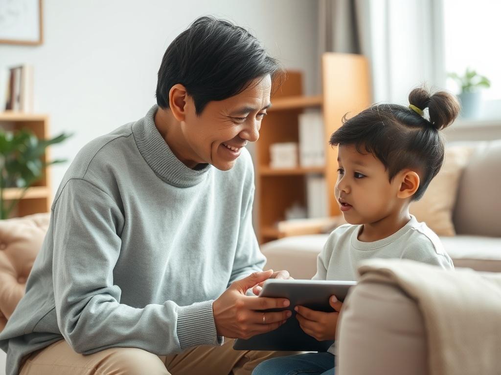 Create a realistic high-resolution photo that captures the essence of "AIと共感の力" (The Power of AI and Empathy). The composition should be simple and clear, featuring a single subject: a human coach engaged in a meaningful interaction with a child in a supportive environment. 

The coach should be depicted as a middle-aged individual of diverse ethnicity, exuding warmth and empathy. They should be leaning slightly forward, listening attentively to the child, who appears to be sharing thoughts or feelings. The