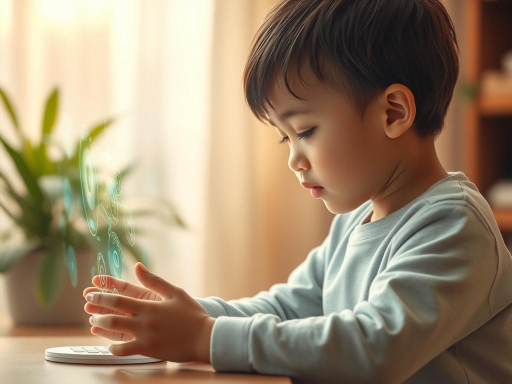 A serene and uplifting scene depicting a child engaging with a gentle AI interface, symbolizing collaboration between technology and humanity. The background features a warm, inviting environment, with soft lighting and greenery, evoking a sense of hope and connection.