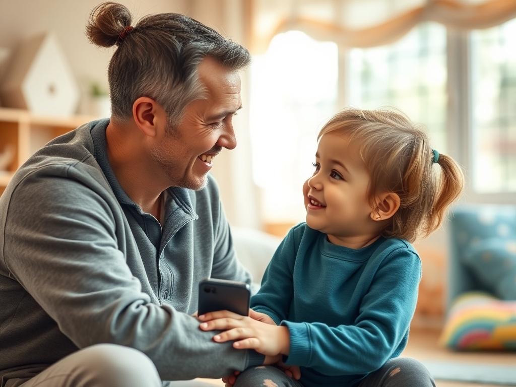 A realistic high-resolution photo featuring a warm and inviting scene of a coach and a child interacting positively, surrounded by soft lighting and a peaceful atmosphere. The background should reflect a nurturing environment, such as a cozy room in a child care facility, with gentle colors and elements that evoke comfort and support.