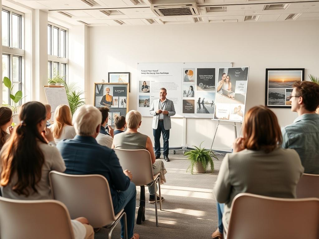 An engaging seminar setup with a speaker presenting to an attentive audience. The environment is bright and inviting, with visuals on display that illustrate the impact of design on emotions. The focus is on creating a supportive and compassionate learning atmosphere.