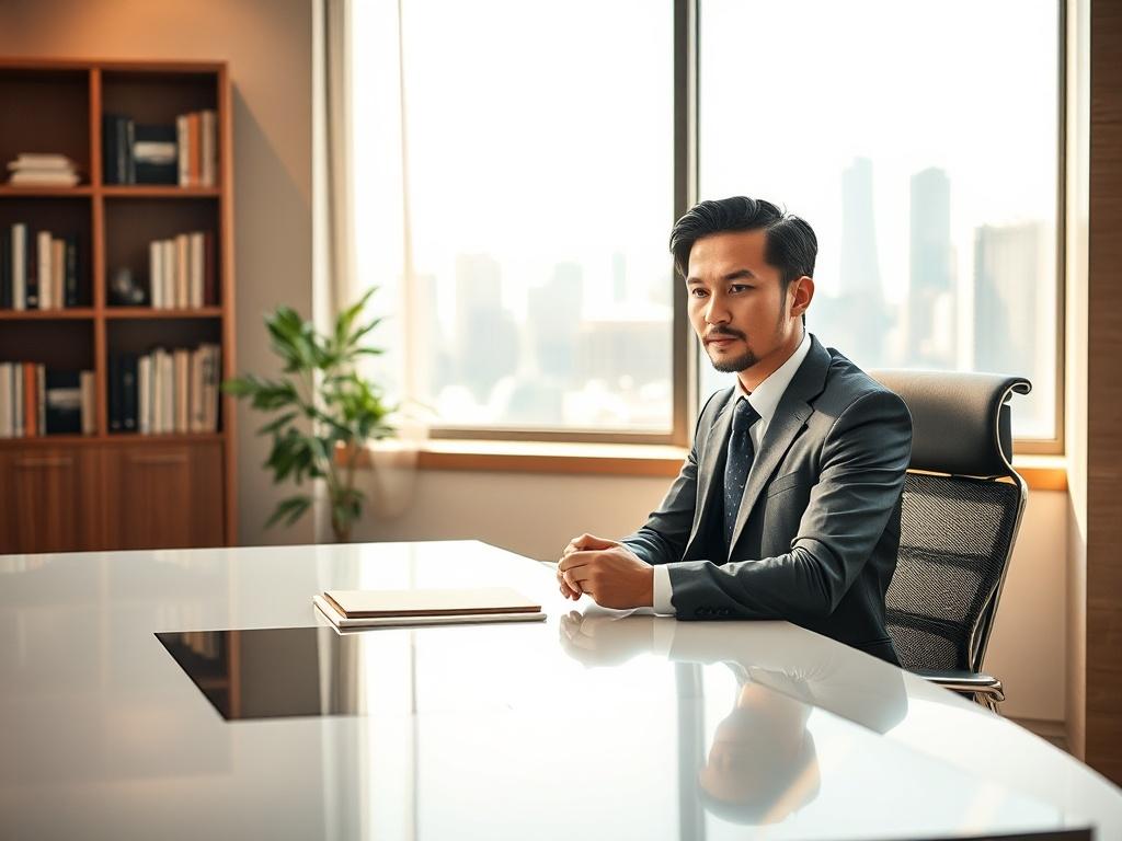 Create a highly detailed, realistic high-resolution photo that embodies the essence of the blog titled "成功するプロフェッショナルサービスの秘訣". The composition should be simple and clear, featuring a single subject: a confident, professional-looking individual in business attire (a suit) sitting at a sleek, modern desk. The individual is engaged in a thoughtful discussion, showcasing a look of determination and focus.

In the background, include a warm and inviting office environment, with soft natural light filtering throu