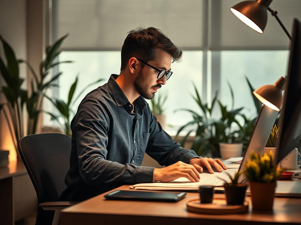 Generate a realistic high-resolution photo of a focused professional working on a design project at a desk. The setting should have a soft, gentle lighting atmosphere, with a peaceful background that includes plants and natural elements. The subject should be the only person in the frame, engaged in creative work, showcasing concentration and passion.