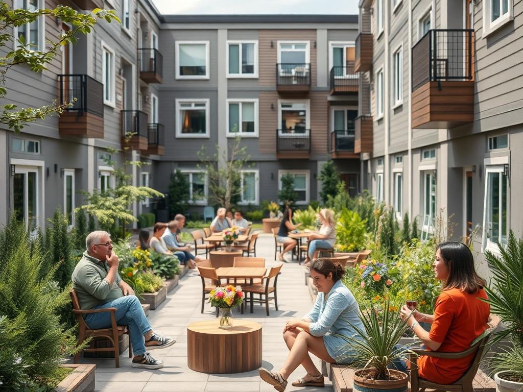 A welcoming and modern affordable housing complex, featuring diverse families