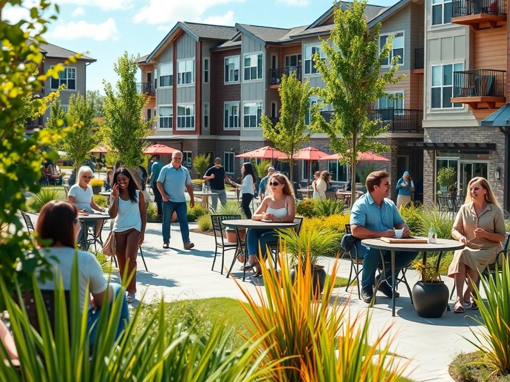 A vibrant multifamily property bustling with happy residents enjoying communal