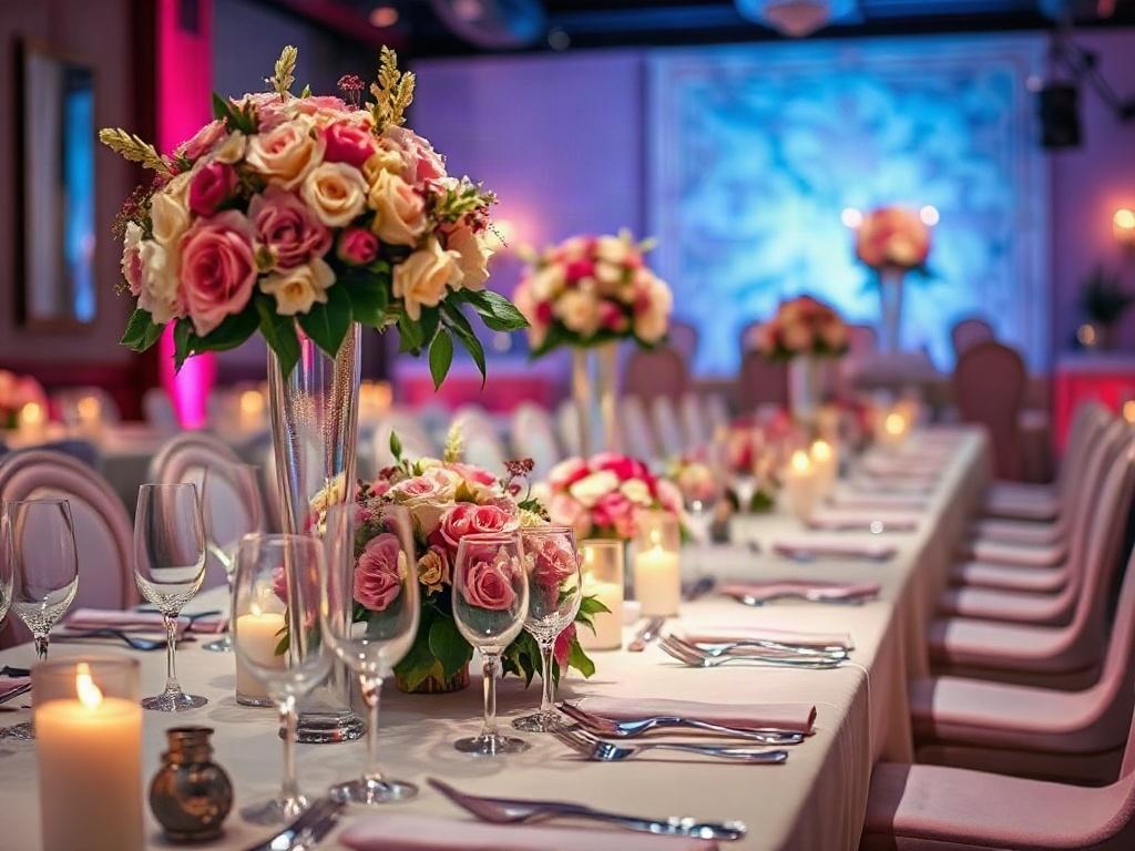 A close-up shot of an elegantly set event table with beautiful floral arrangements, soft lighting, and stylish tableware. The background features a softly blurred venue setting, emphasizing the sophisticated decor and ambiance. The image conveys a sense of luxury and attention to detail, perfect for showcasing event management expertise.