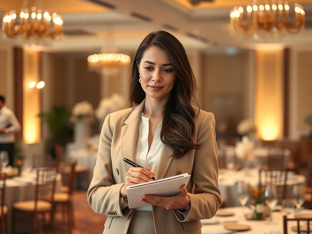 Create a highly realistic high-resolution photo that captures the essence of event management. The subject should be a professional event planner, a confident woman in her 30s, standing at a beautifully arranged event space. She is dressed in smart, elegant attire with a notepad and pen in hand, thoughtfully reviewing plans. The background should showcase a sophisticated event setup with stylish décor, soft ambient lighting, and elegantly arranged tables, hinting at an upcoming gala or corporate event.

The