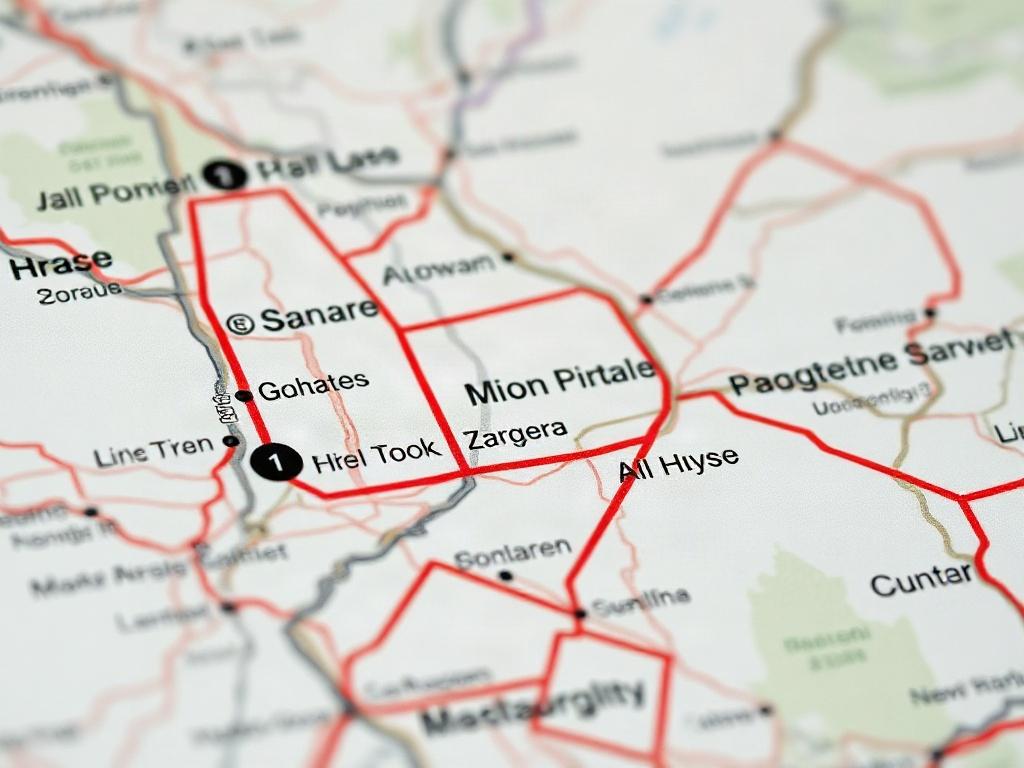 A high-resolution close-up shot of a detailed map showing different zones for travel fees, with clear labels indicating each zone's area. The background should be neutral, emphasizing the map's colors and details, shot with a 45mm f/1.2 lens style.