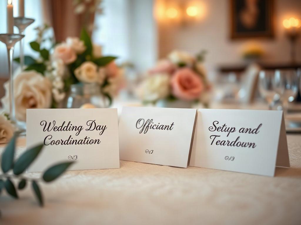 A close-up shot of elegant place cards arranged beautifully on a table. Each place card features elegant handwritten text: 'Wedding Day Coordination', 'Officiant', and 'Setup and Teardown'. The setting is soft and romantic, with a blurred background of delicate floral arrangements and ambient lighting that reflects a warm, inviting atmosphere.
