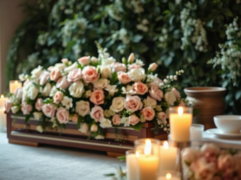 A serene funeral service setting, featuring a beautifully arranged floral display in soft pastel colors. The composition includes a simple, elegant casket surrounded by candles, with a peaceful background of soft greenery. The lighting is warm and inviting, creating a calm atmosphere that reflects the respectful nature of the occasion.