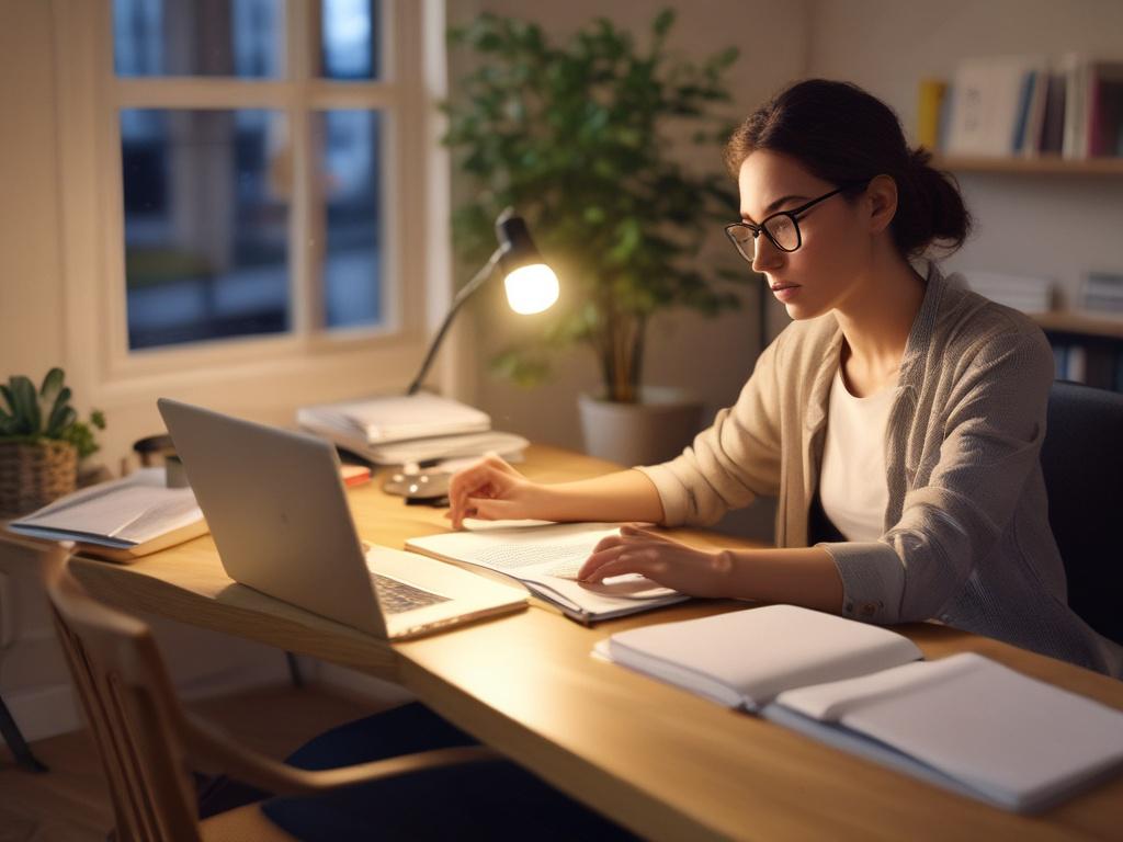 a person engaged in an online training session, sitting comfortably