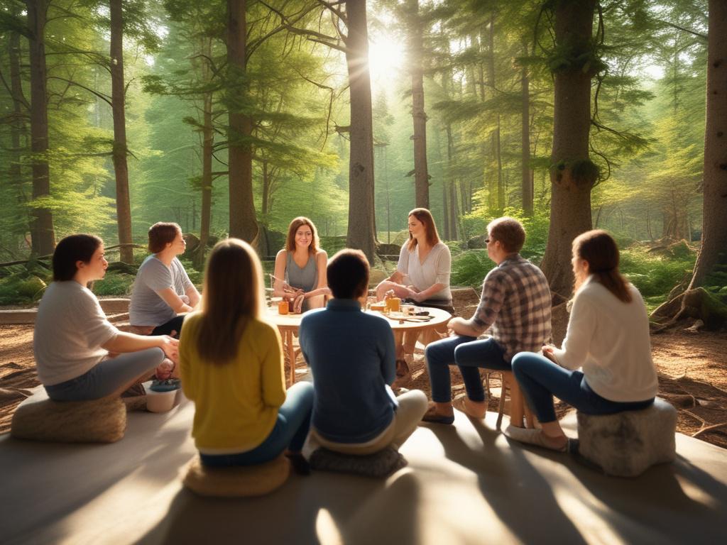 a vibrant group workshop setting, participants engaged in discussion, a