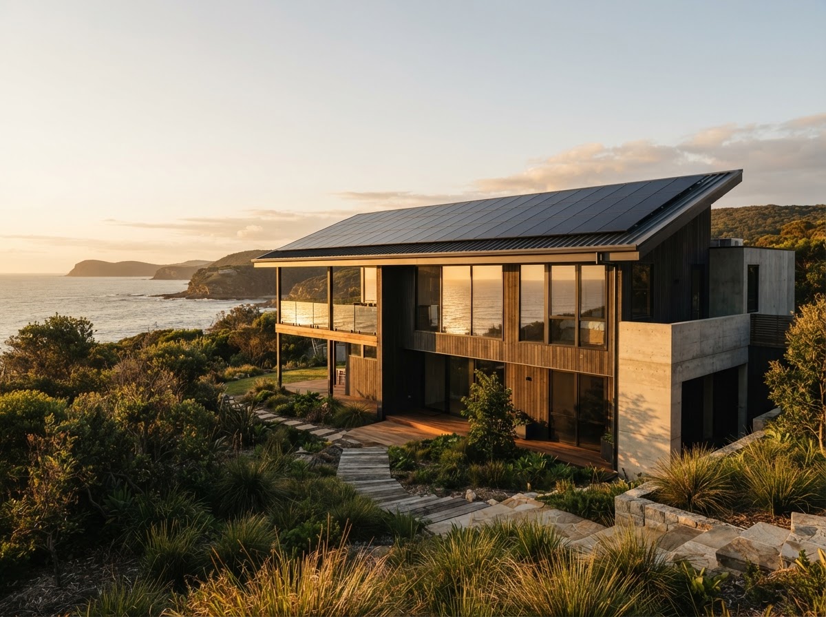 Contemporary Australian home with rooftop solar panels in warm afternoon light