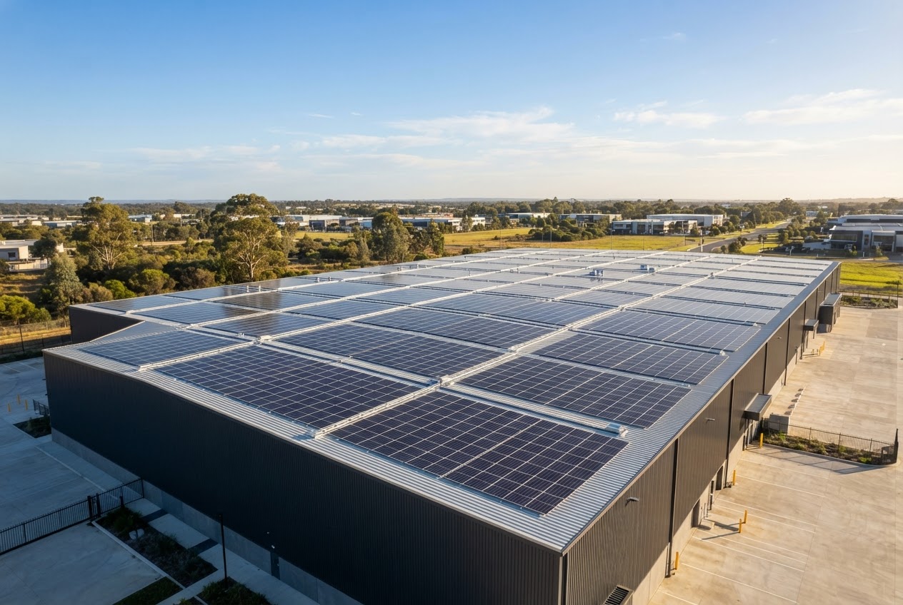Rows of solar panels across a commercial warehouse rooftop